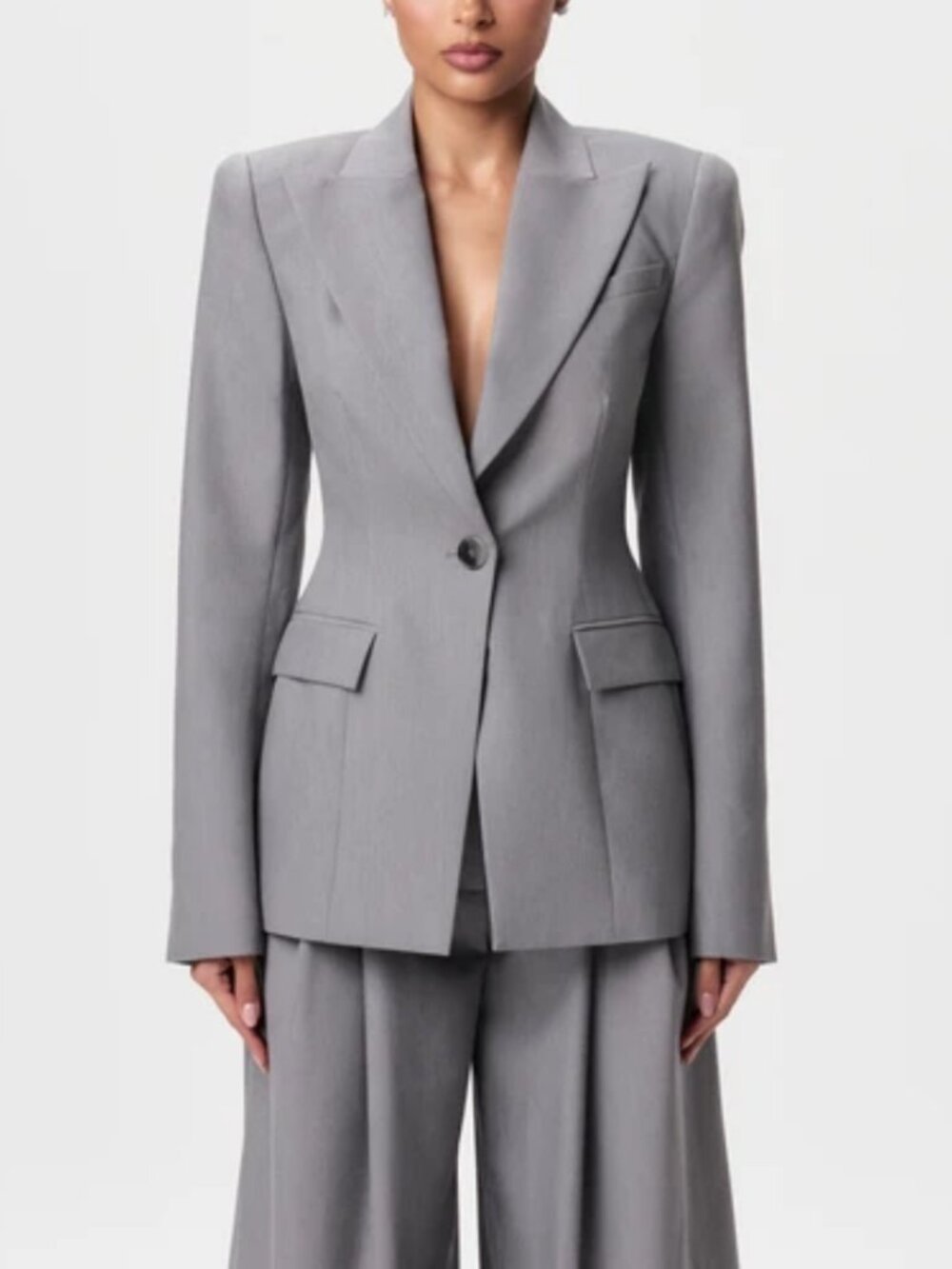 Naked Wardrobe Power Shoulder Suited Blazer Gray Tailored Office Size XS NWT